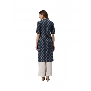 Generic Women's Cotton Printed Straight Fit Kurti (Navy Blue, Cotton)