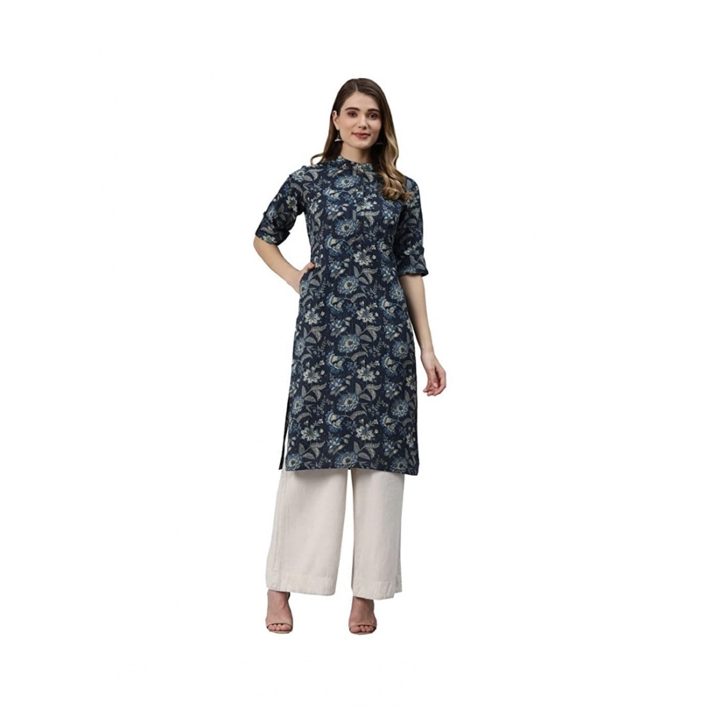 Generic Women's Cotton Printed Straight Kurti (Navy Blue, Cotton)