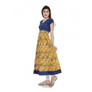 Generic Women's Cotton Printed Long Kurti (Mustard, Blue, Cotton)
