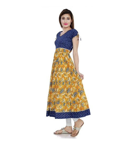 Women's Cotton Printed Long Kurti (Mustard, Blue, Cotton)