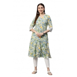 Generic Women's Cotton Printed  Straight Kurti (White, Green, Cotton)
