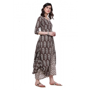 Generic Women's Cotton Printed Long Kurti (Brown, Cotton)