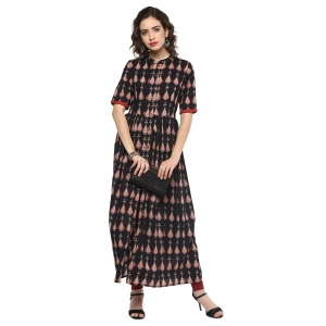 Generic Women's Cotton Printed Front Slit Kurti (Black, Cotton)