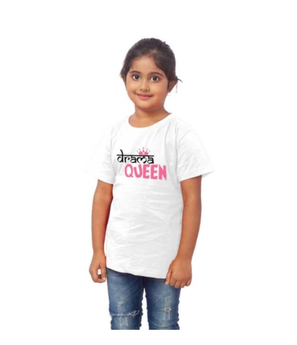 Girls Cotton Drama Queen Half Sleeve TShirt (White)