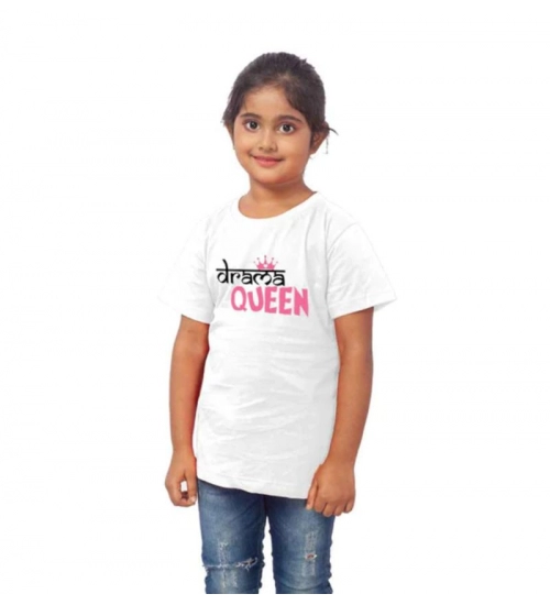 Girls Cotton Drama Queen Half Sleeve TShirt (White)