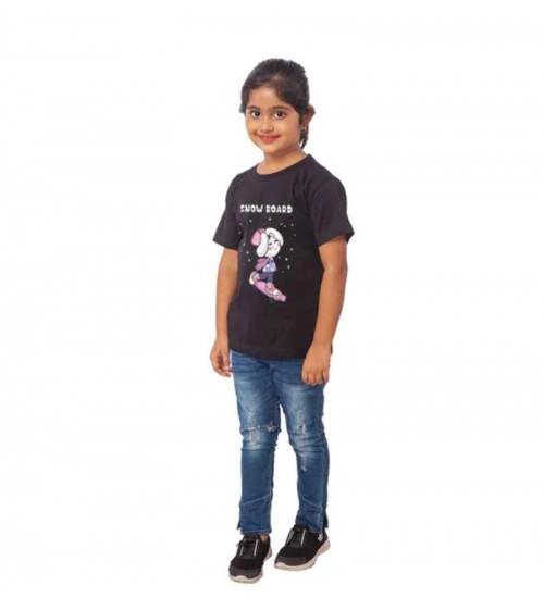 Girls Cotton Snow Board Half Sleeve TShirt (Black)