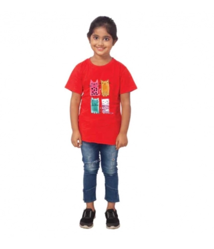 Girls Cotton Cat Half Sleeve TShirt (Red)