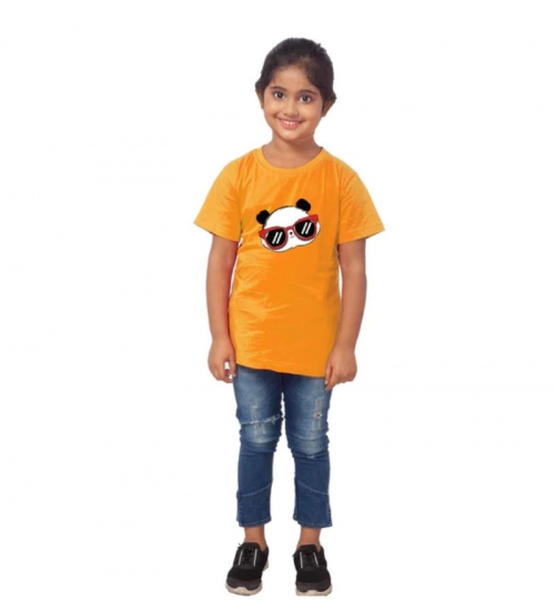 Girls Cotton Panda Glass Half Sleeve TShirt (Mustard)