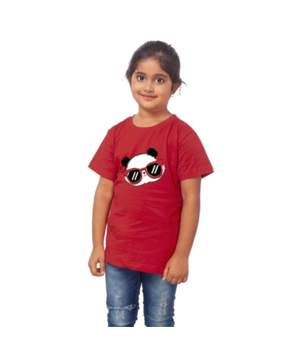 Girls Cotton Panda Glass Half Sleeve TShirt (Maroon)