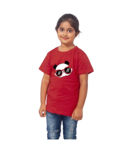 Girls Cotton Panda Glass Half Sleeve TShirt (Maroon)