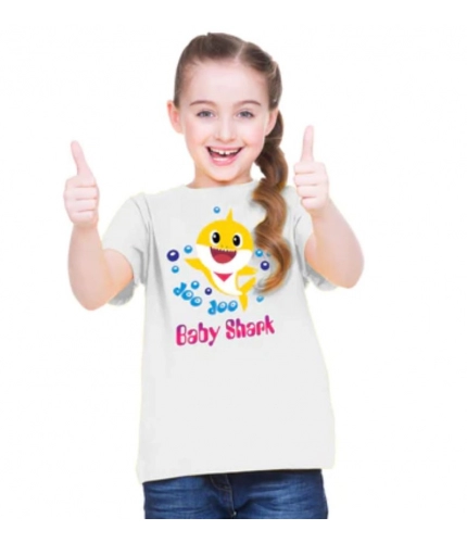 Girls Cotton Baby Shark Half Sleeve TShirt (White)