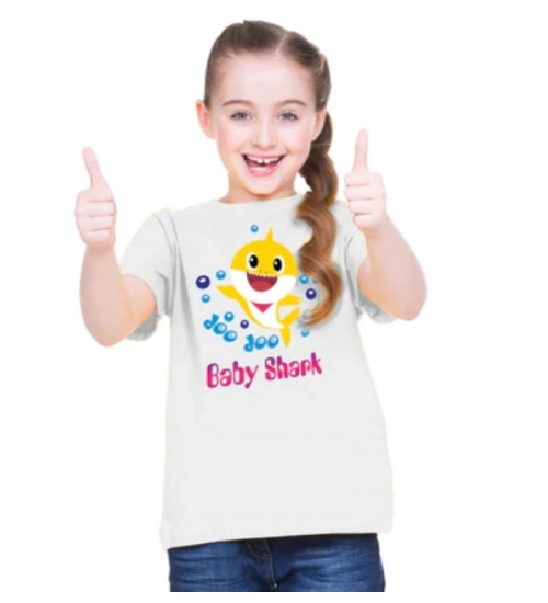 Girls Cotton Baby Shark Half Sleeve TShirt (White)