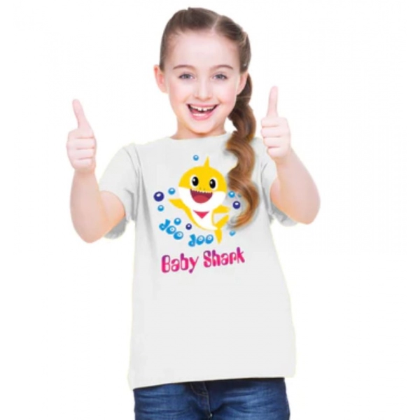 Dropship Girls Cotton Baby Shark Half Sleeve TShirt (White)