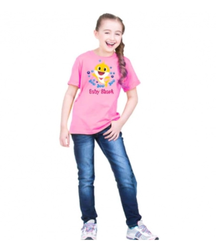 Girls Cotton Baby Shark Half Sleeve TShirt (Pink)