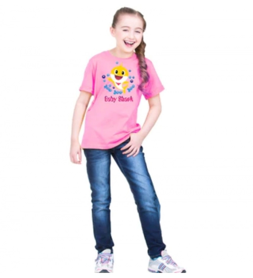 Girls Cotton Baby Shark Half Sleeve TShirt (Pink)