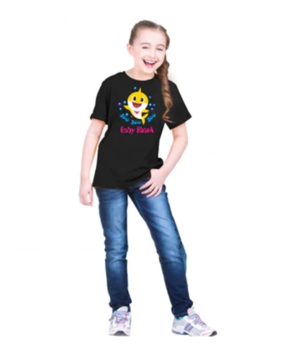 Girls Cotton Baby Shark Half Sleeve TShirt (Black)