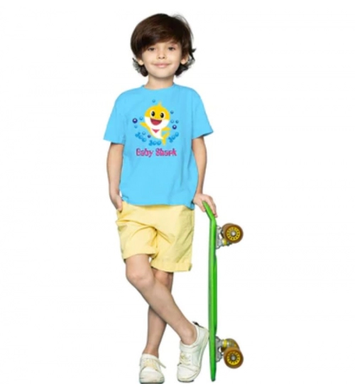 Boys Cotton Baby Shark Half Sleeve TShirt (Blue)