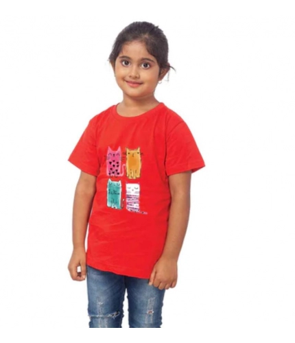 Girls Cotton Cat Half Sleeve TShirt (Red)