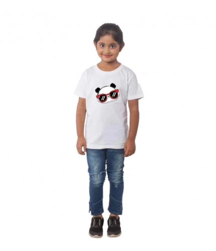 Girls Cotton Panda Glass Half Sleeve TShirt (White)