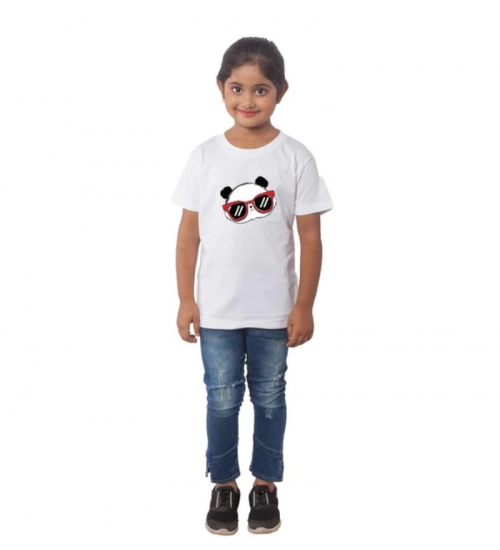 Girls Cotton Panda Glass Half Sleeve TShirt (White)