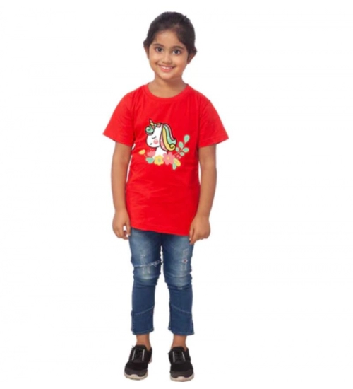 Girls Cotton Unicorn Face Half Sleeve TShirt (Red)
