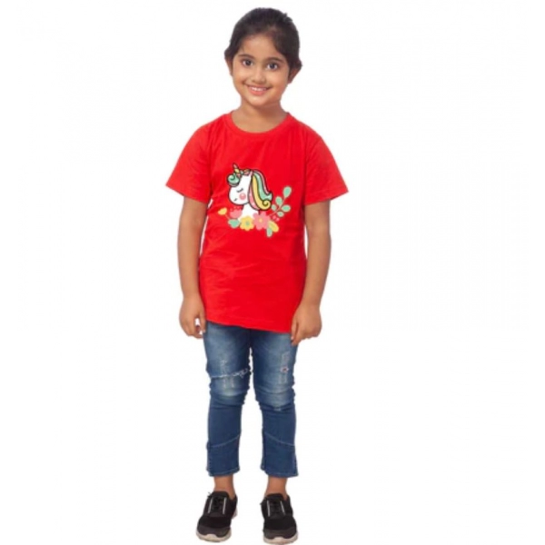 Dropship Girls Cotton Unicorn Face Half Sleeve TShirt (Red)