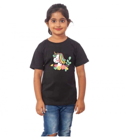 Girls Cotton Unicorn Face Half Sleeve TShirt (Black)