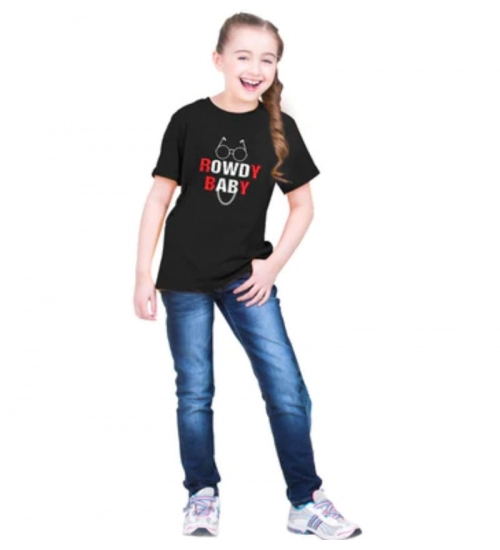 Girls Cotton Rowdy Baby Half Sleeve TShirt (Black)