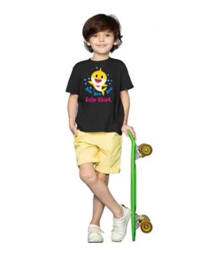Boys Cotton Baby Shark Half Sleeve TShirt (Black)