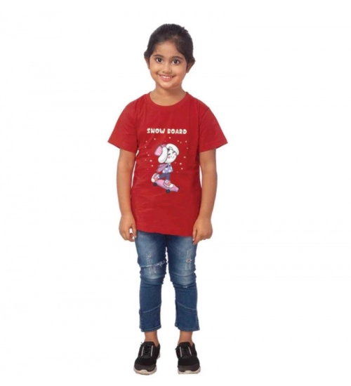 Girls Cotton Snow Board Half Sleeve TShirt (Maroon)