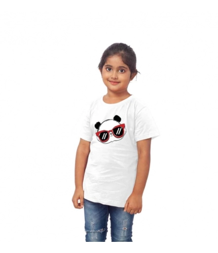 Girls Cotton Panda Glass Half Sleeve TShirt (White)
