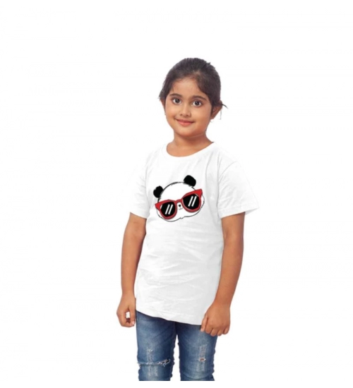 Girls Cotton Panda Glass Half Sleeve TShirt (White)