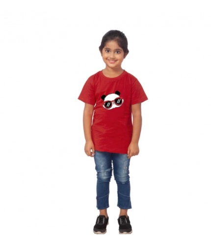 Girls Cotton Panda Glass Half Sleeve TShirt (Maroon)