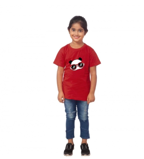 Girls Cotton Panda Glass Half Sleeve TShirt (Maroon)
