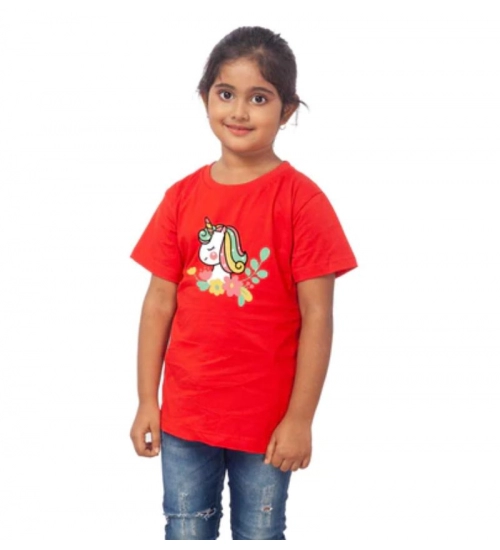 Girls Cotton Unicorn Face Half Sleeve TShirt (Red)