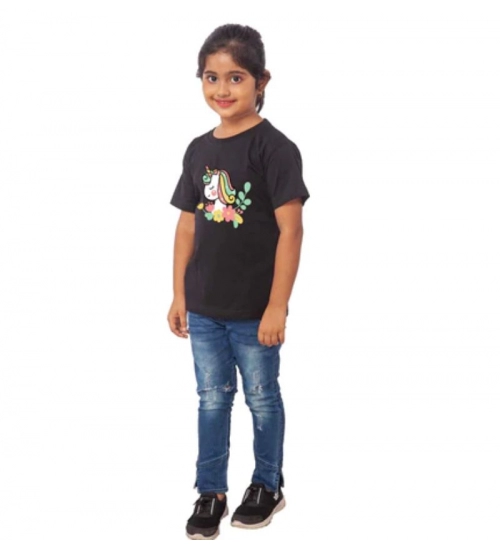 Girls Cotton Unicorn Face Half Sleeve TShirt (Black)