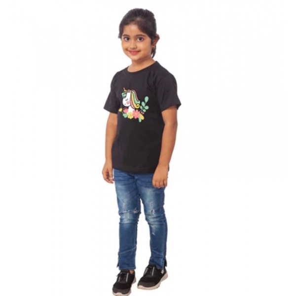 Dropship Girls Cotton Unicorn Face Half Sleeve TShirt (Black)