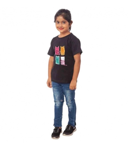 Girls Cotton Cat Half Sleeve TShirt (Black)