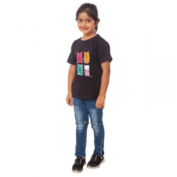 Dropship Girls Cotton Cat Half Sleeve TShirt (Black)