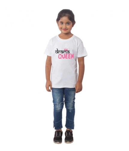 Girls Cotton Drama Queen Half Sleeve TShirt (White)