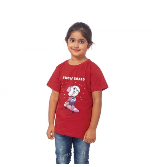 Girls Cotton Snow Board Half Sleeve TShirt (Maroon)