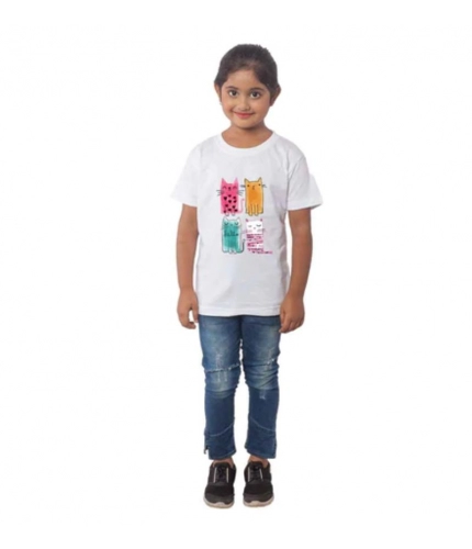 Girls Cotton Cat Half Sleeve TShirt (White)