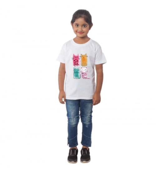 Girls Cotton Cat Half Sleeve TShirt (White)