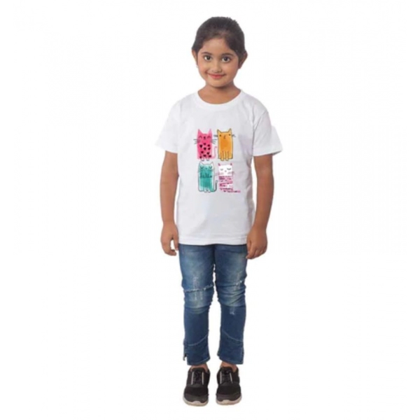 Dropship Girls Cotton Cat Half Sleeve TShirt (White)