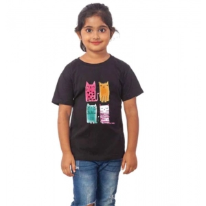 Generic Girls Cotton Cat Half Sleeve TShirt (Black)