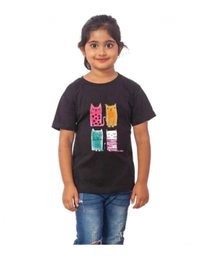 Girls Cotton Cat Half Sleeve TShirt (Black)