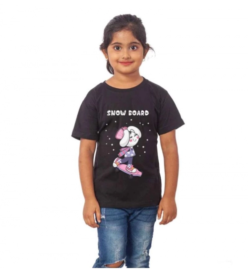 Girls Cotton Snow Board Half Sleeve TShirt (Black)