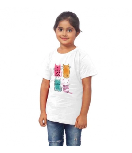 Girls Cotton Cat Half Sleeve TShirt (White)