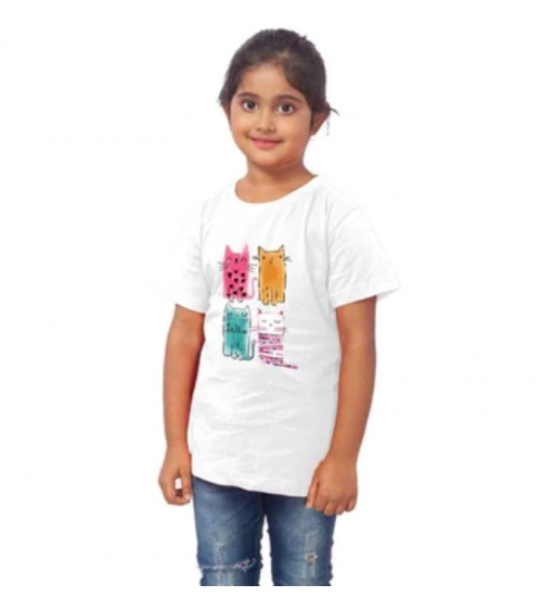 Girls Cotton Cat Half Sleeve TShirt (White)
