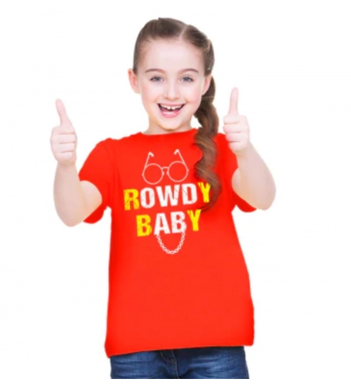 Girls Cotton Rowdy Baby Half Sleeve TShirt (Red)